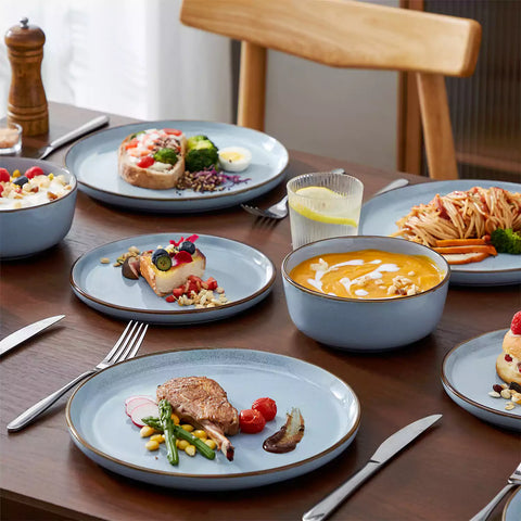 Loire 18-Piece Stoneware Dinnerware Set With Flat Shapes Speckled Glaze And Warm Brown Trim - Blue
