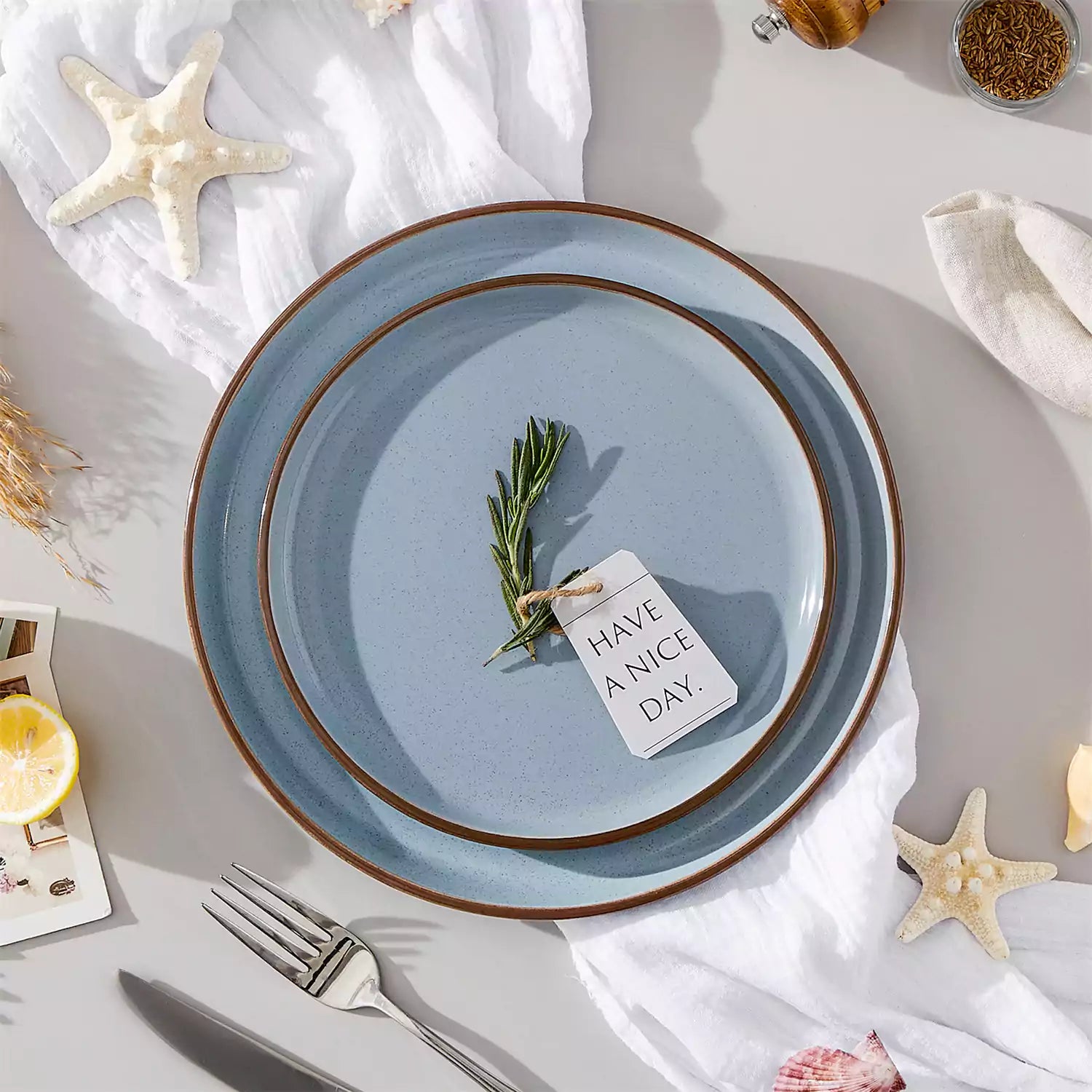 Loire 18-Piece Stoneware Dinnerware Set With Flat Shapes Speckled Glaze And Warm Brown Trim - Blue