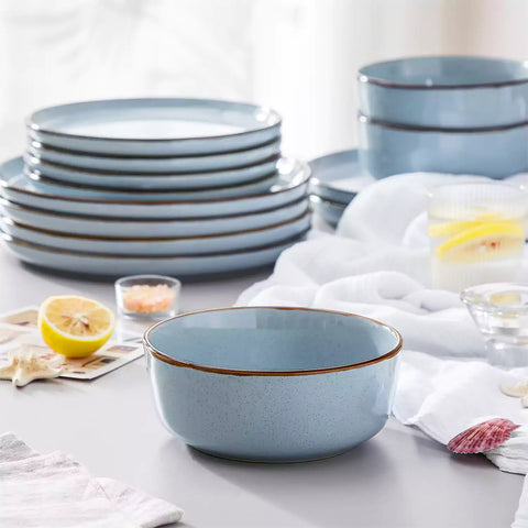 Loire 18-Piece Stoneware Dinnerware Set With Flat Shapes Speckled Glaze And Warm Brown Trim - Blue