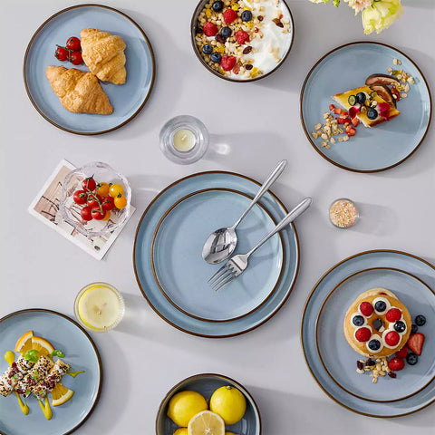 Loire 18-Piece Stoneware Dinnerware Set With Flat Shapes Speckled Glaze And Warm Brown Trim - Blue