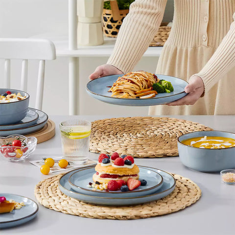 Loire 18-Piece Stoneware Dinnerware Set With Flat Shapes Speckled Glaze And Warm Brown Trim - Blue