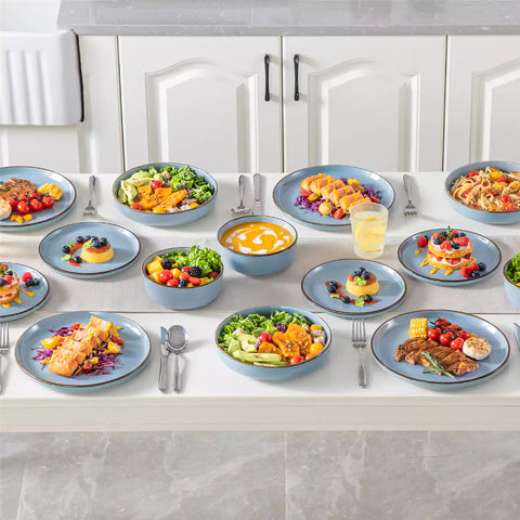 Loire 16-Piece Stoneware Dinnerware Set With A Refined Speckled Glaze And Earthy Brown Trim Ideal For Everyday Meals or Casual Gatherings - Blue