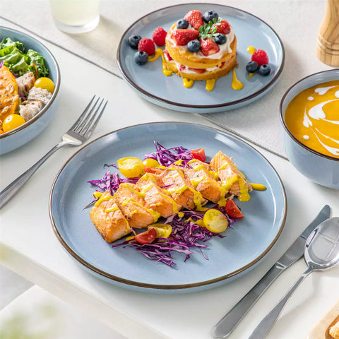 Loire 16-Piece Stoneware Dinnerware Set With A Refined Speckled Glaze And Earthy Brown Trim Ideal For Everyday Meals or Casual Gatherings - Blue