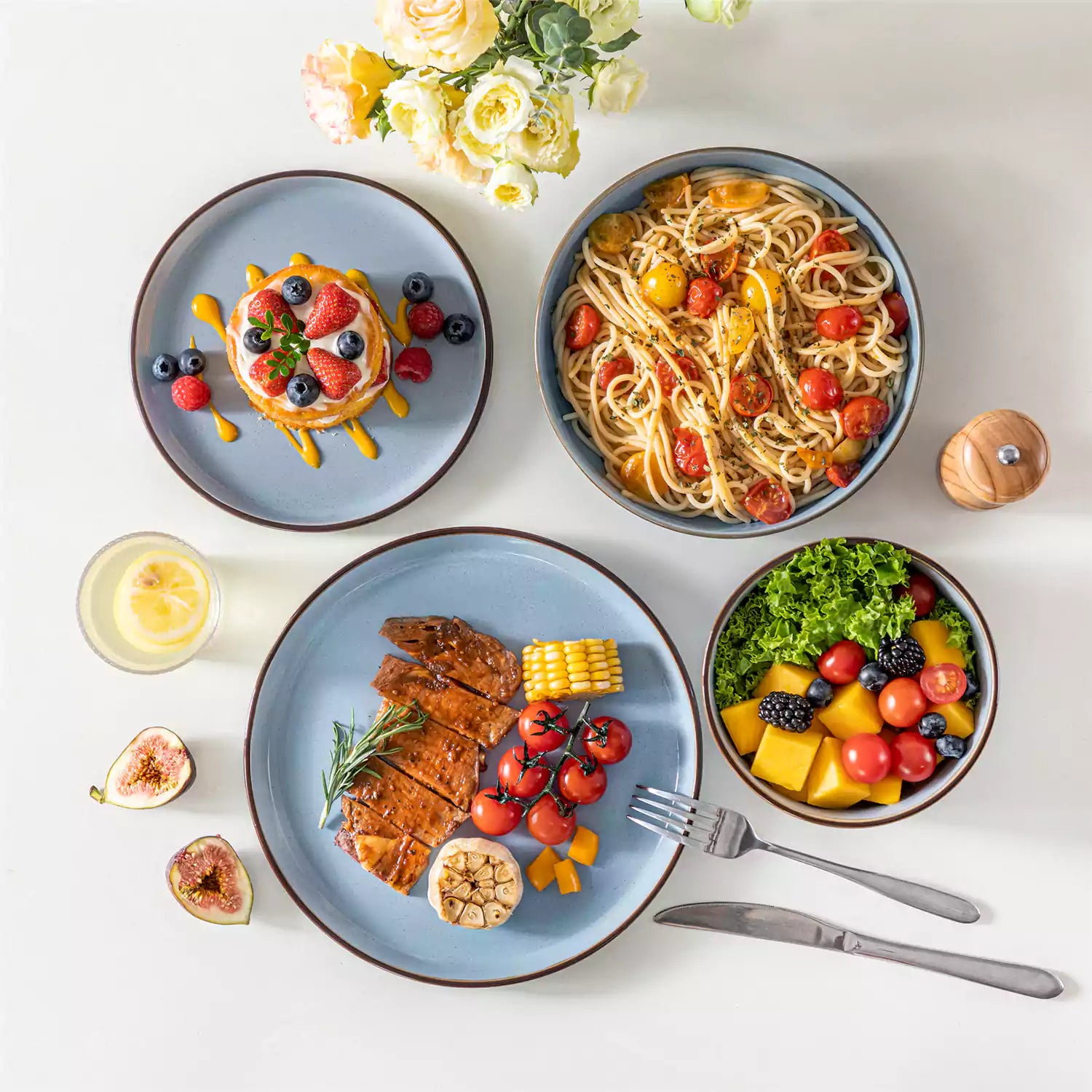 Loire 16-Piece Stoneware Dinnerware Set With A Refined Speckled Glaze And Earthy Brown Trim Ideal For Everyday Meals or Casual Gatherings - Blue