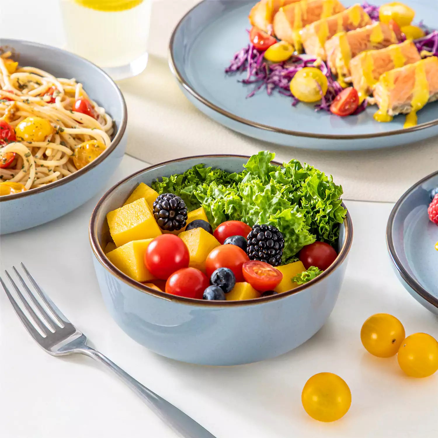 Loire 16-Piece Stoneware Dinnerware Set With A Refined Speckled Glaze And Earthy Brown Trim Ideal For Everyday Meals or Casual Gatherings - Blue