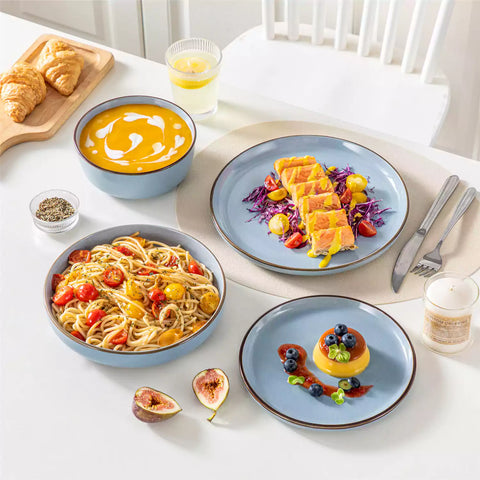 Loire 16-Piece Stoneware Dinnerware Set With A Refined Speckled Glaze And Earthy Brown Trim Ideal For Everyday Meals or Casual Gatherings - Blue