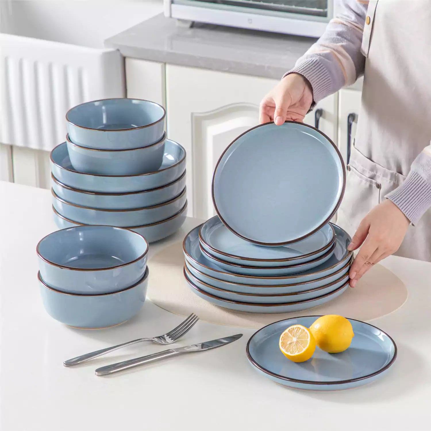 Loire 16-Piece Stoneware Dinnerware Set With A Refined Speckled Glaze And Earthy Brown Trim Ideal For Everyday Meals or Casual Gatherings - Blue