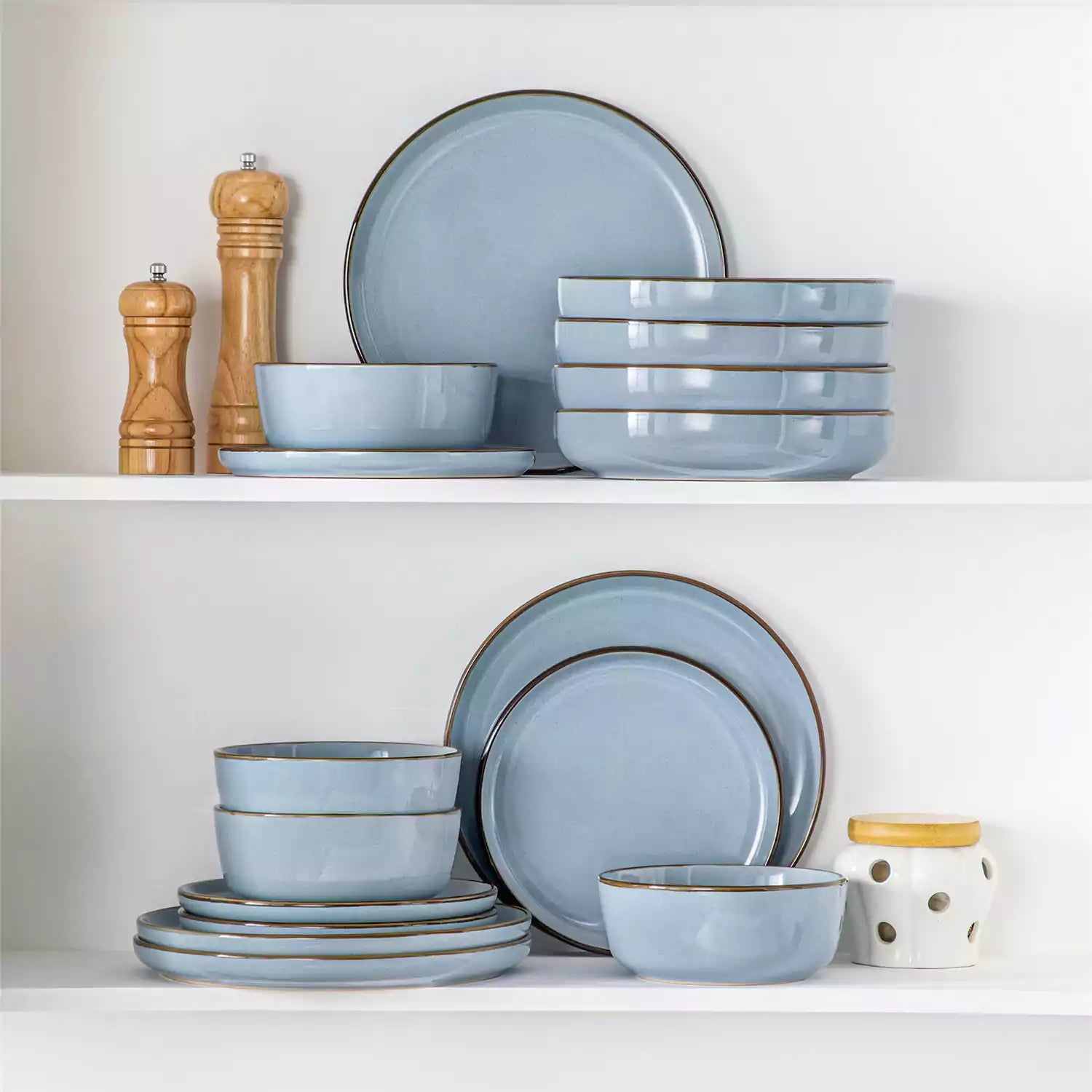 Loire 16-Piece Stoneware Dinnerware Set With A Refined Speckled Glaze And Earthy Brown Trim Ideal For Everyday Meals or Casual Gatherings - Blue