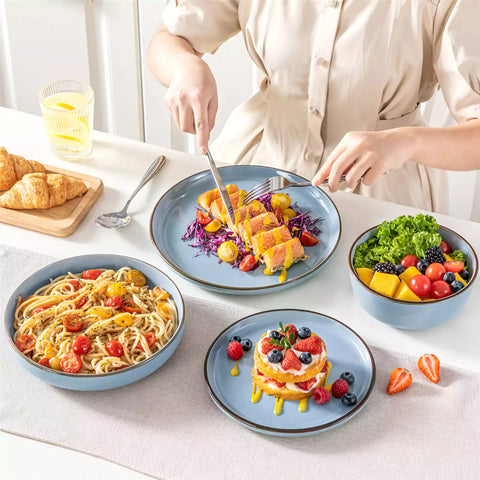 Loire 16-Piece Stoneware Dinnerware Set With A Refined Speckled Glaze And Earthy Brown Trim Ideal For Everyday Meals or Casual Gatherings - Blue