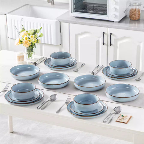 Loire 16-Piece Stoneware Dinnerware Set With A Refined Speckled Glaze And Earthy Brown Trim Ideal For Everyday Meals or Casual Gatherings - Blue