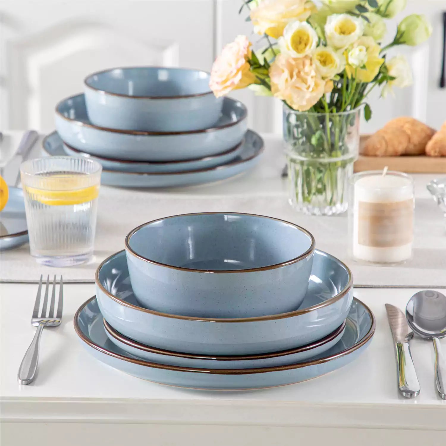 Loire 16-Piece Stoneware Dinnerware Set With A Refined Speckled Glaze And Earthy Brown Trim Ideal For Everyday Meals or Casual Gatherings - Blue