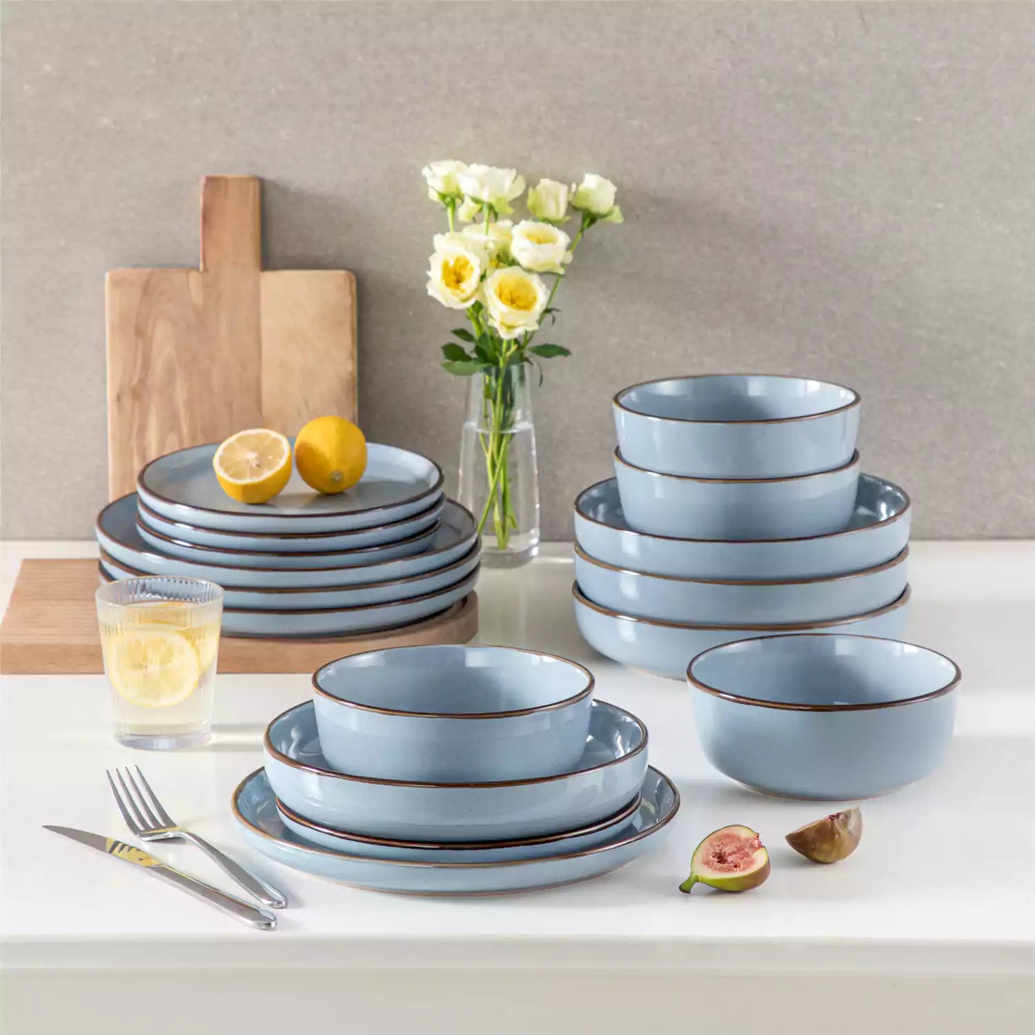 Loire 16-Piece Stoneware Dinnerware Set With A Refined Speckled Glaze And Earthy Brown Trim Ideal For Everyday Meals or Casual Gatherings - Blue