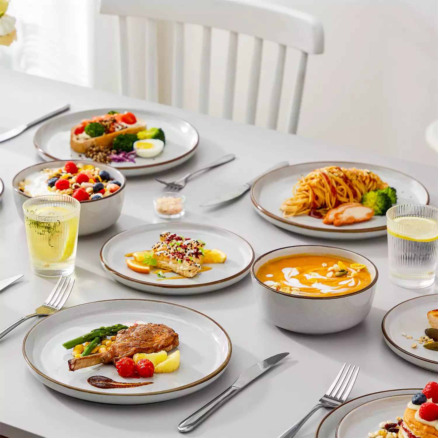 Loire 18-Piece Stoneware Dinnerware Set With Flat Shapes Speckled Glaze And Warm Brown Trim - Grey