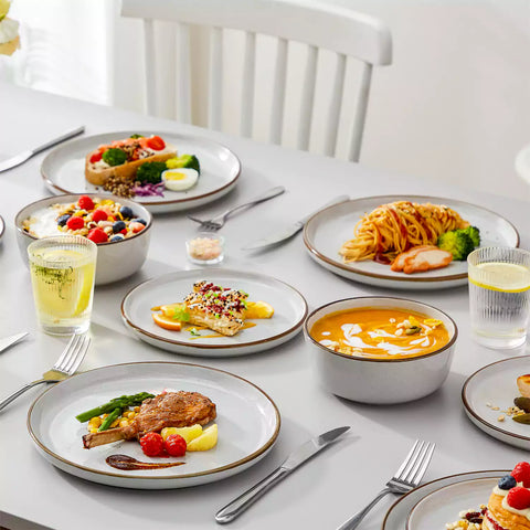 Loire 18-Piece Stoneware Dinnerware Set With Flat Shapes Speckled Glaze And Warm Brown Trim - Grey