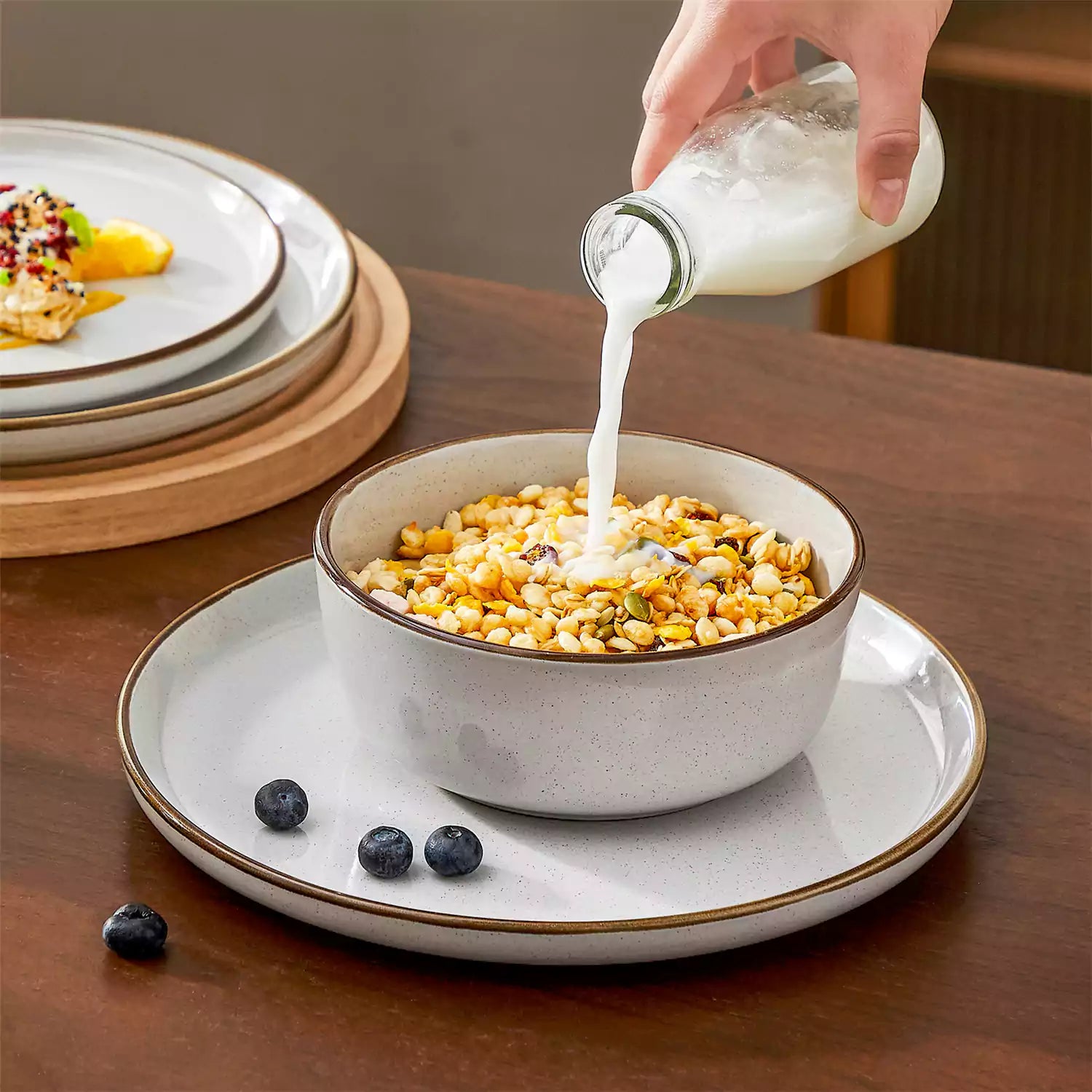 Loire 18-Piece Stoneware Dinnerware Set With Flat Shapes Speckled Glaze And Warm Brown Trim - Grey