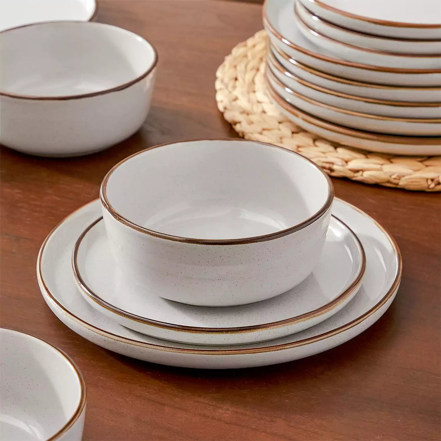 Loire 18-Piece Stoneware Dinnerware Set With Flat Shapes Speckled Glaze And Warm Brown Trim - Grey