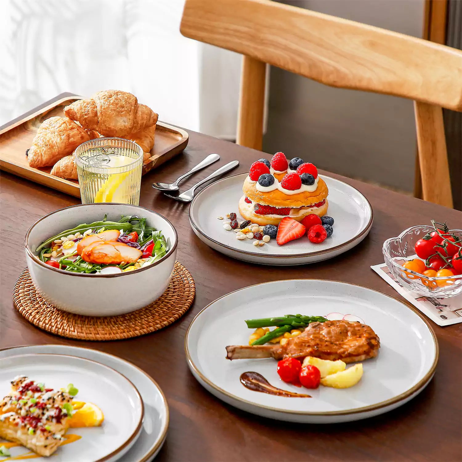 Loire 18-Piece Stoneware Dinnerware Set With Flat Shapes Speckled Glaze And Warm Brown Trim - Grey