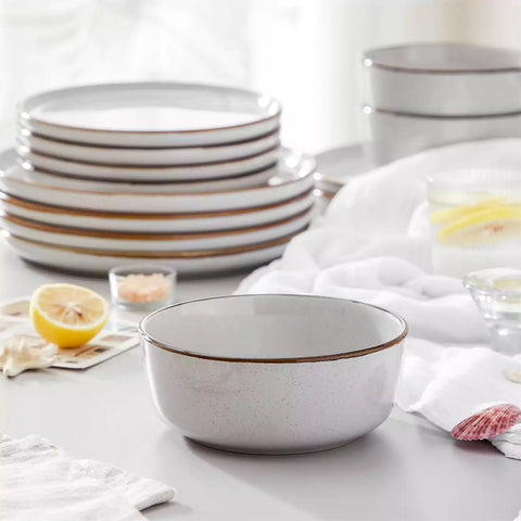 Loire 18-Piece Stoneware Dinnerware Set With Flat Shapes Speckled Glaze And Warm Brown Trim - Grey