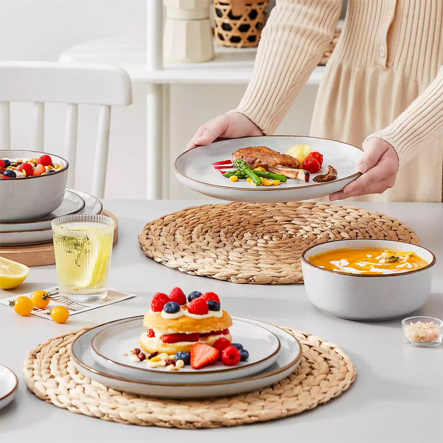 Loire 18-Piece Stoneware Dinnerware Set With Flat Shapes Speckled Glaze And Warm Brown Trim - Grey