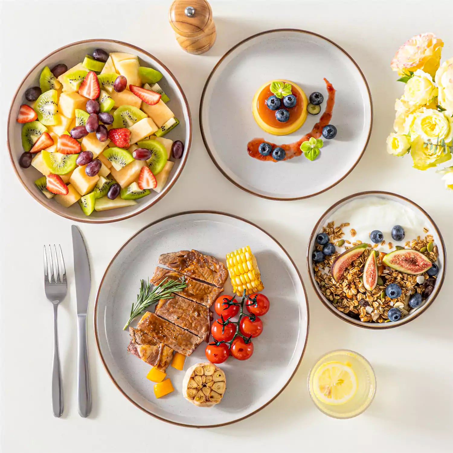 Loire 16-Piece Stoneware Dinnerware Set With A Refined Speckled Glaze And Earthy Brown Trim Ideal For Everyday Meals or Casual Gatherings - Grey