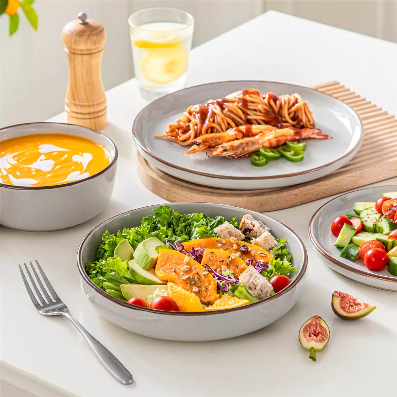 Loire 16-Piece Stoneware Dinnerware Set With A Refined Speckled Glaze And Earthy Brown Trim Ideal For Everyday Meals or Casual Gatherings - Grey