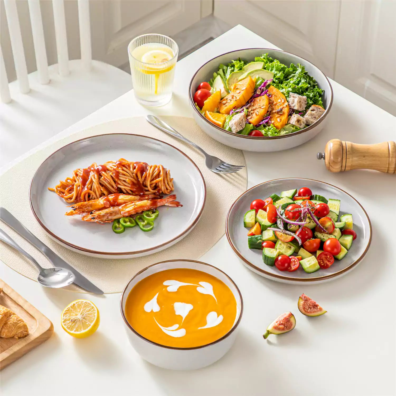 Loire 16-Piece Stoneware Dinnerware Set With A Refined Speckled Glaze And Earthy Brown Trim Ideal For Everyday Meals or Casual Gatherings - Grey