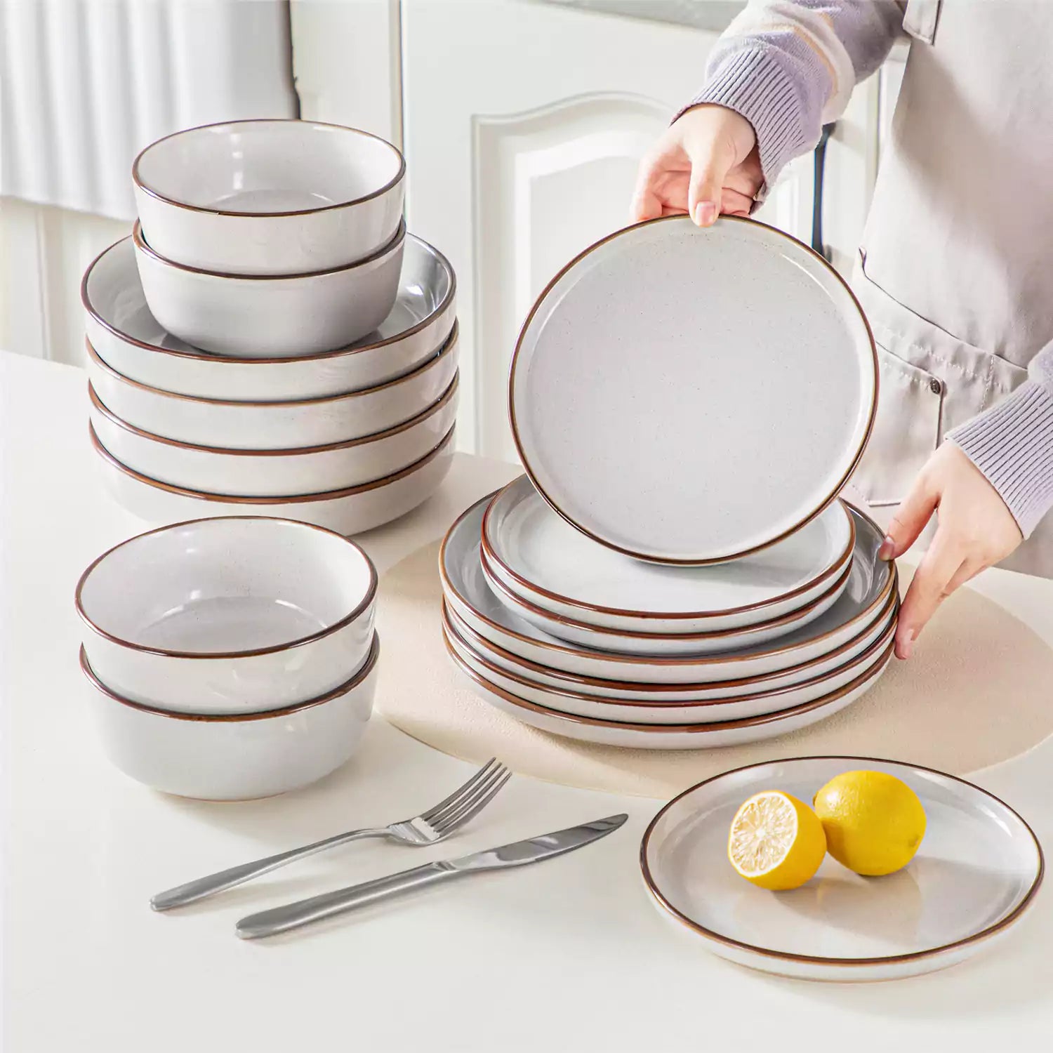 Loire 16-Piece Stoneware Dinnerware Set With A Refined Speckled Glaze And Earthy Brown Trim Ideal For Everyday Meals or Casual Gatherings - Grey