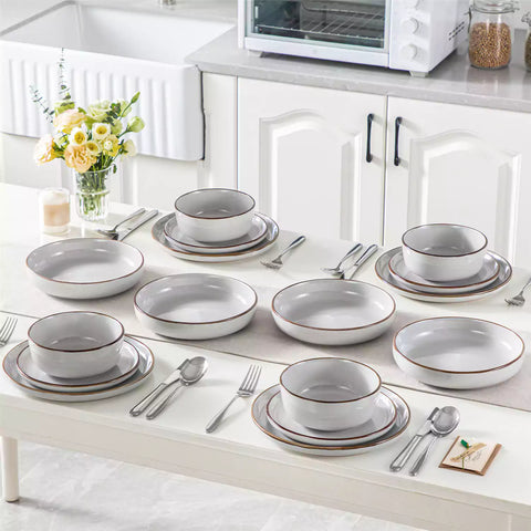 Loire 16-Piece Stoneware Dinnerware Set With A Refined Speckled Glaze And Earthy Brown Trim Ideal For Everyday Meals or Casual Gatherings - Grey