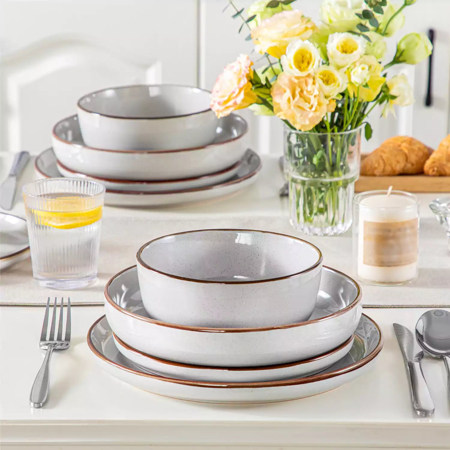 Loire 16-Piece Stoneware Dinnerware Set With A Refined Speckled Glaze And Earthy Brown Trim Ideal For Everyday Meals or Casual Gatherings - Grey