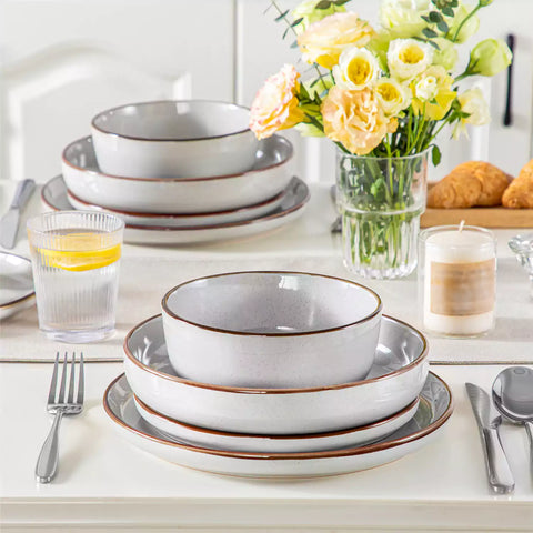 Loire 16-Piece Stoneware Dinnerware Set With A Refined Speckled Glaze And Earthy Brown Trim Ideal For Everyday Meals or Casual Gatherings - Grey