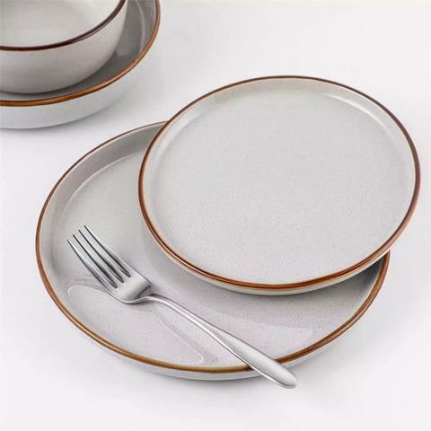 Loire 16-Piece Stoneware Dinnerware Set With A Refined Speckled Glaze And Earthy Brown Trim Ideal For Everyday Meals or Casual Gatherings - Grey
