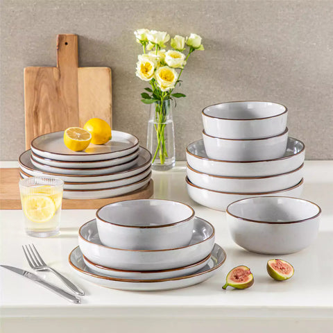 Loire 16-Piece Stoneware Dinnerware Set With A Refined Speckled Glaze And Earthy Brown Trim Ideal For Everyday Meals or Casual Gatherings - Grey