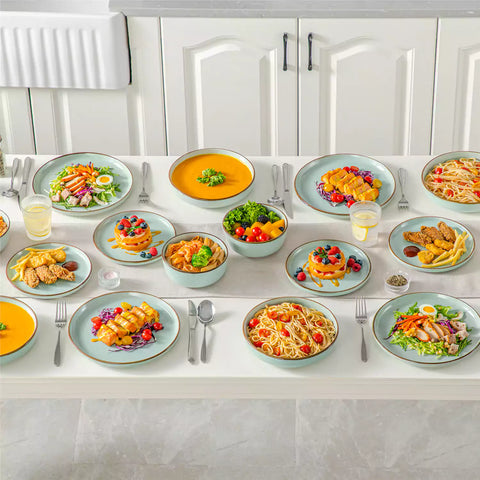 Loire 16-Piece Stoneware Dinnerware Set With A Refined Speckled Glaze And Earthy Brown Trim Ideal For Everyday Meals or Casual Gatherings - Jardin Green