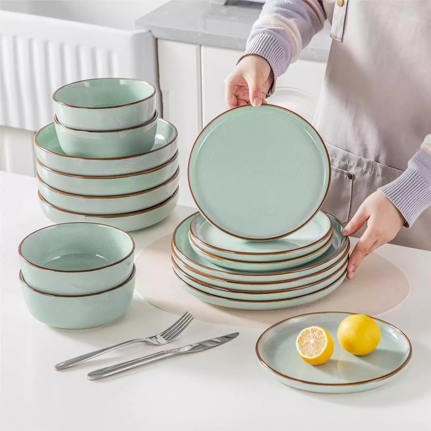 Loire 16-Piece Stoneware Dinnerware Set With A Refined Speckled Glaze And Earthy Brown Trim Ideal For Everyday Meals or Casual Gatherings - Jardin Green