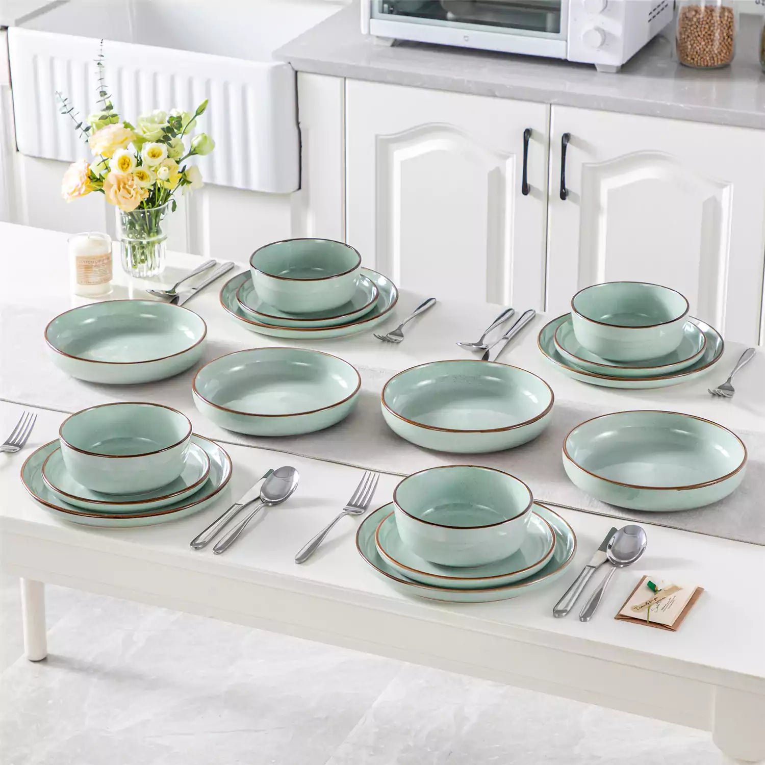 Loire 16-Piece Stoneware Dinnerware Set With A Refined Speckled Glaze And Earthy Brown Trim Ideal For Everyday Meals or Casual Gatherings - Jardin Green