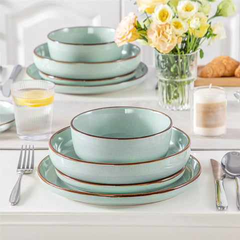 Loire 16-Piece Stoneware Dinnerware Set With A Refined Speckled Glaze And Earthy Brown Trim Ideal For Everyday Meals or Casual Gatherings - Jardin Green