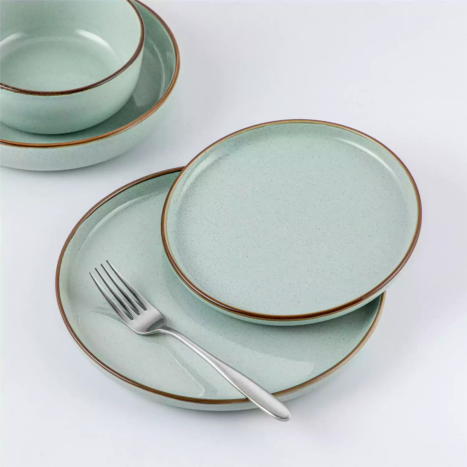 Loire 16-Piece Stoneware Dinnerware Set With A Refined Speckled Glaze And Earthy Brown Trim Ideal For Everyday Meals or Casual Gatherings - Jardin Green