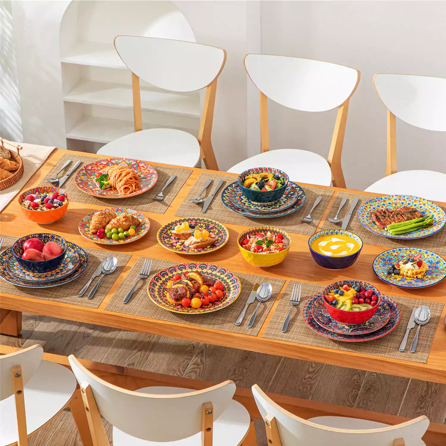 Bohemian Lumi porcelain dinnerware set for 6 with vibrant patterned plates diamond-embossed bowls served with fresh food bread and olive oil on wooden table