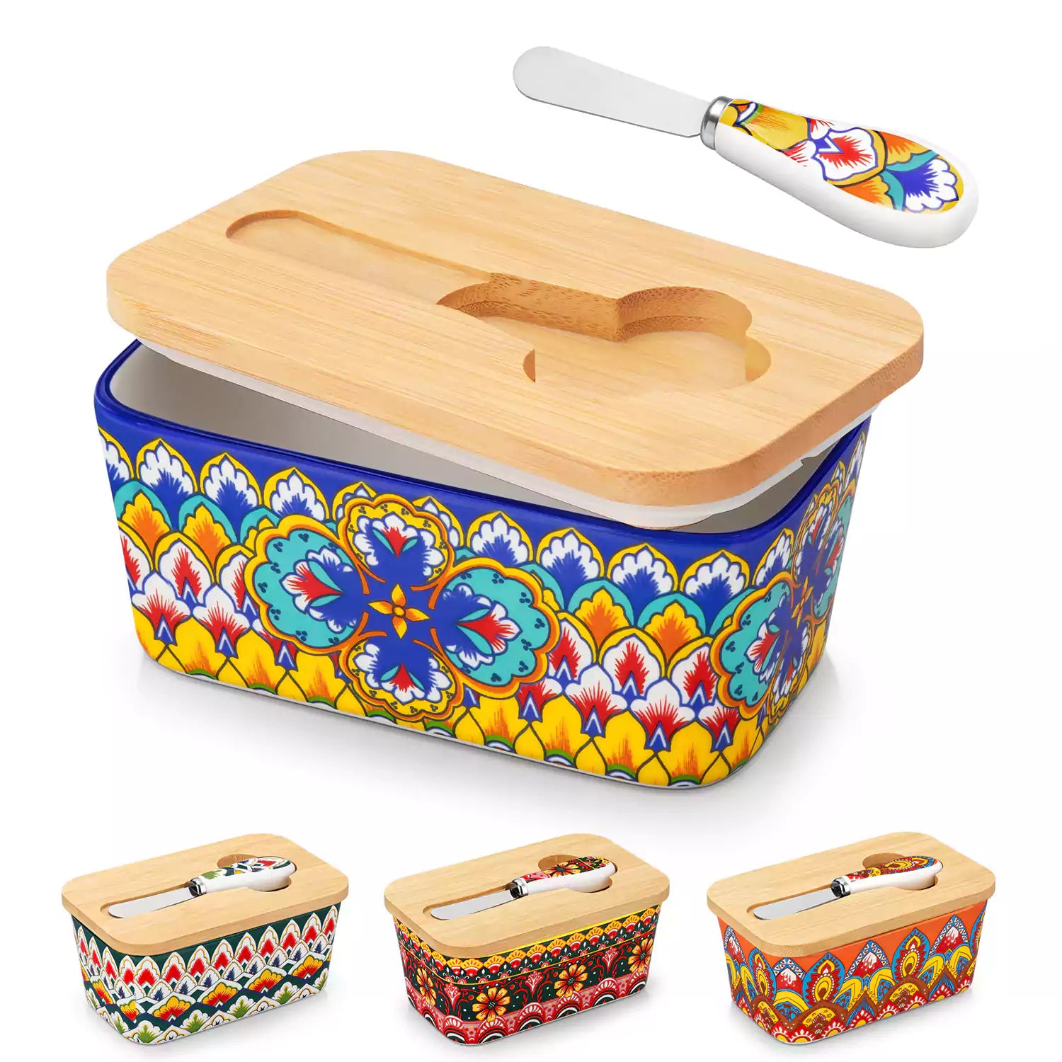 Lumi vibrant blue porcelain butter dish with lid in vibrant Bohemian pattern on a wooden table