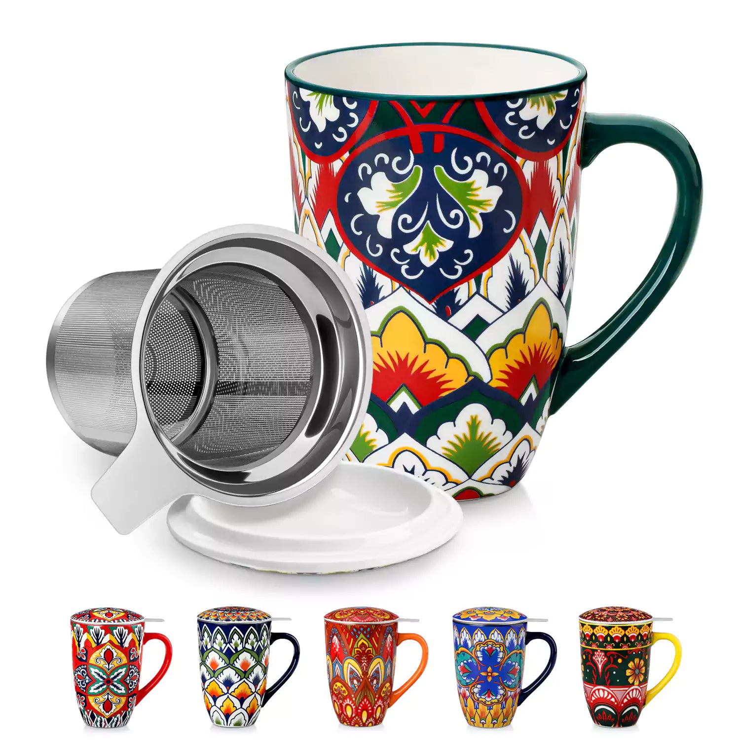 Lumi forest green porcelain tea mug with infuser and lid featuring vibrant Bohemian pattern on a wooden desk with laptop and plant
