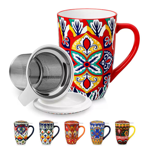 Lumi flame red porcelain tea mug with infuser and lid featuring vibrant Bohemian pattern on a wooden desk with laptop and plant