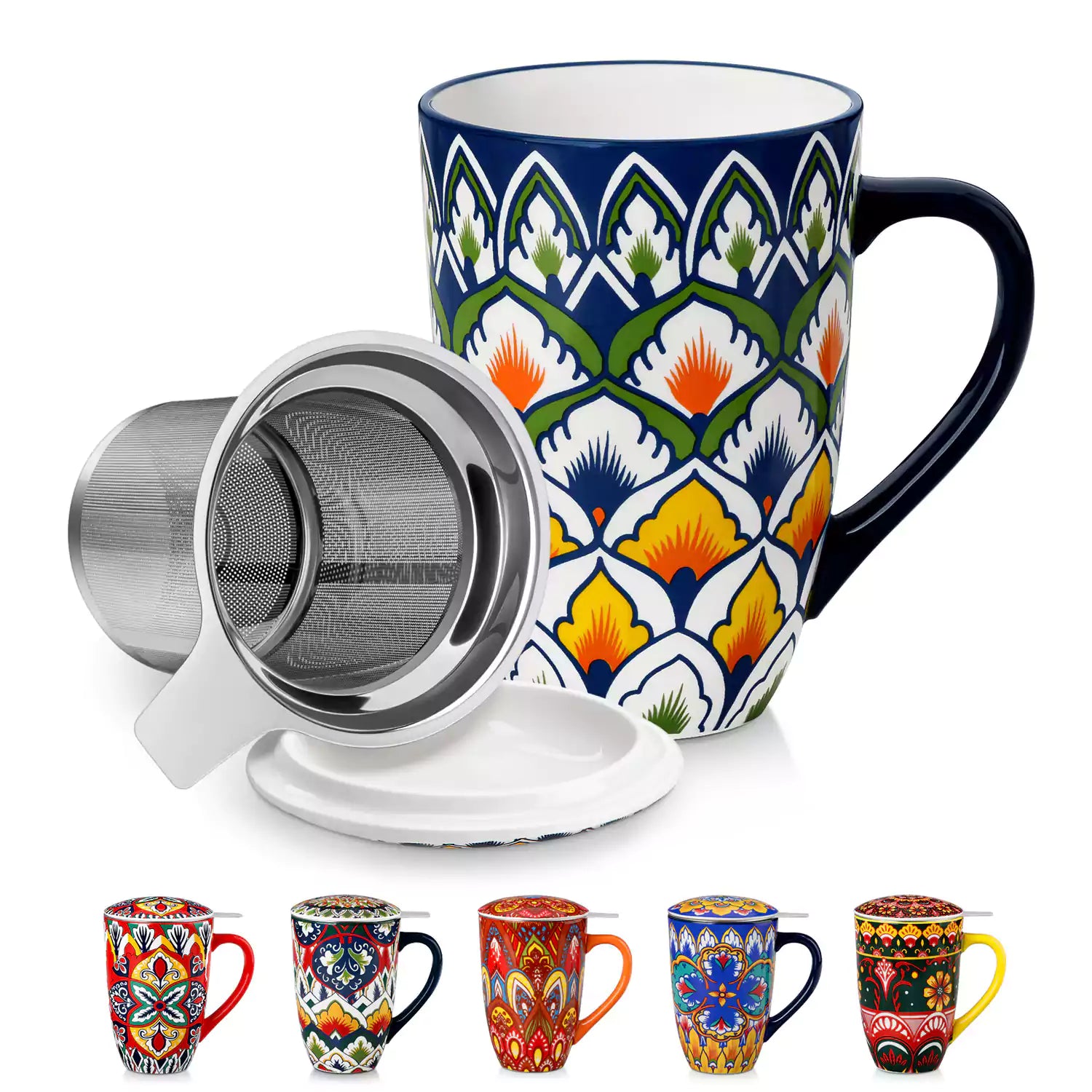 Lumi hunter green porcelain tea mug with infuser and lid featuring vibrant Bohemian pattern on a wooden desk with laptop and plant