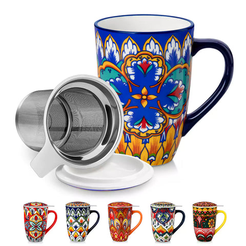 Lumi vibrant blue porcelain tea mug with infuser and lid featuring vibrant Bohemian pattern on a wooden desk with laptop and plant