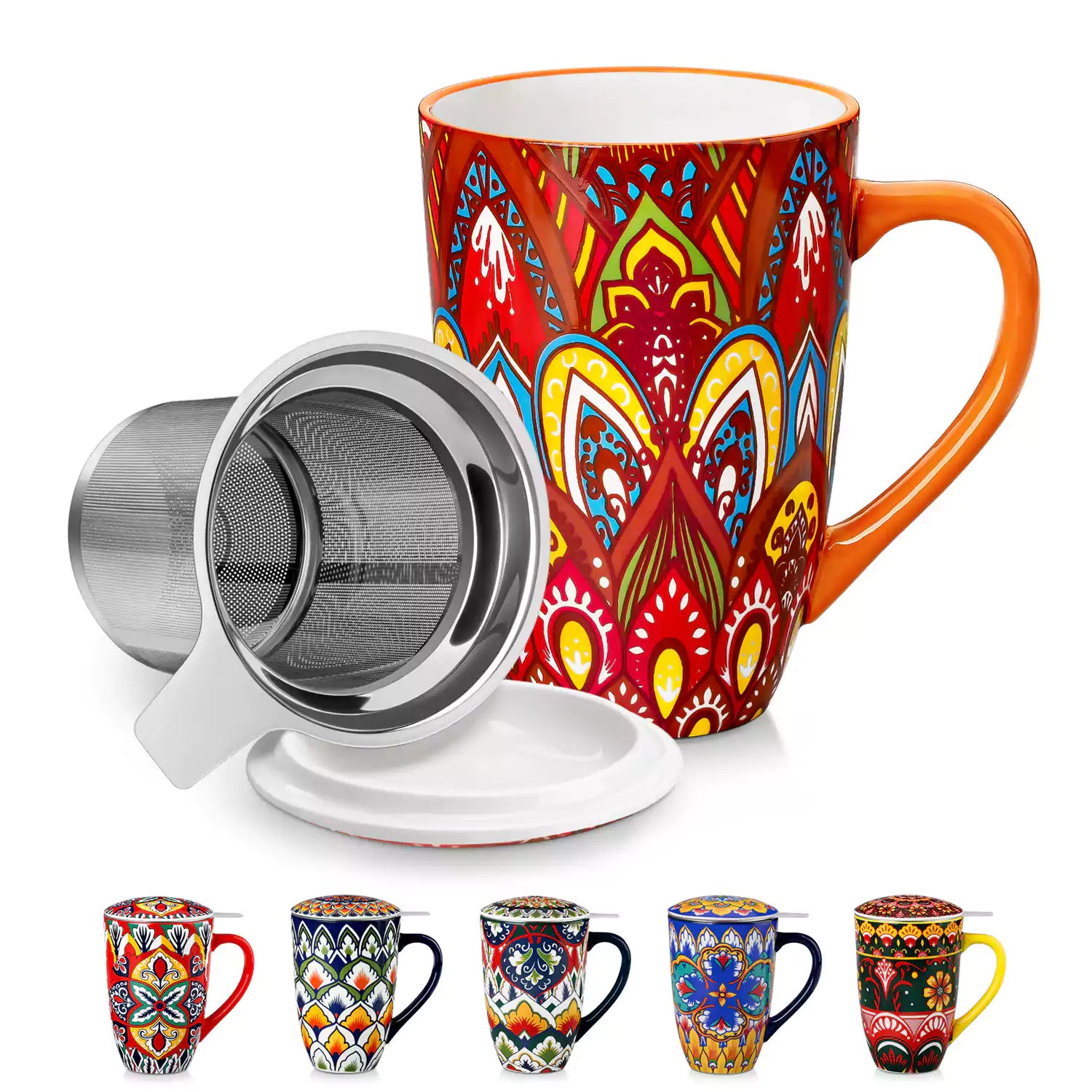 Lumi bold orange porcelain tea mug with infuser and lid featuring vibrant Bohemian pattern on a wooden desk with laptop and plant
