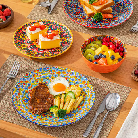 Bohemian Lumi 12 piece porcelain dinnerware set with vibrant patterned plates diamond embossed bowls served with steak eggs and fresh fruit on a wooden table