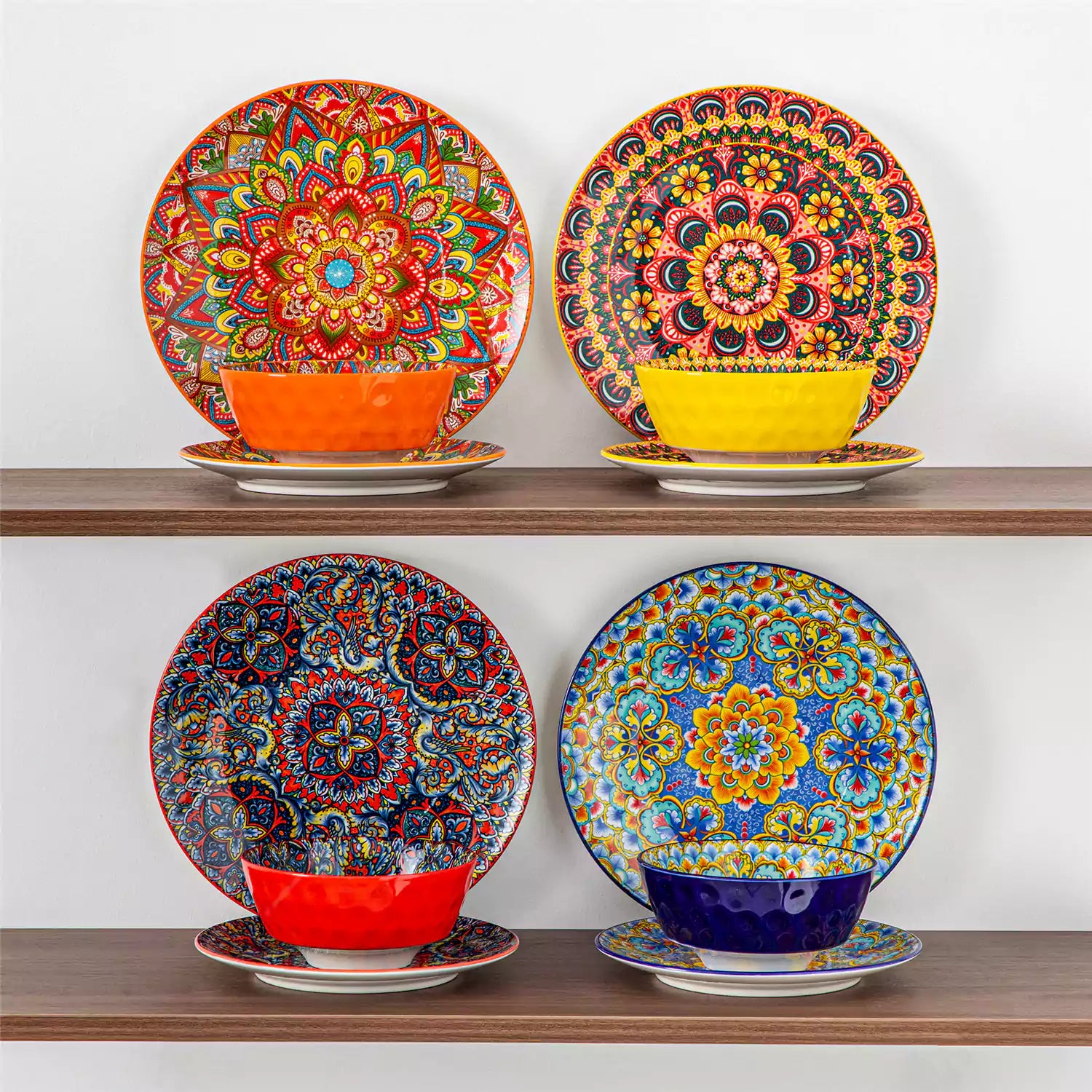 Bohemian Lumi 12 piece porcelain dinnerware set with vibrant patterned plates diamond embossed bowls served with steak eggs and fresh fruit on a wooden table