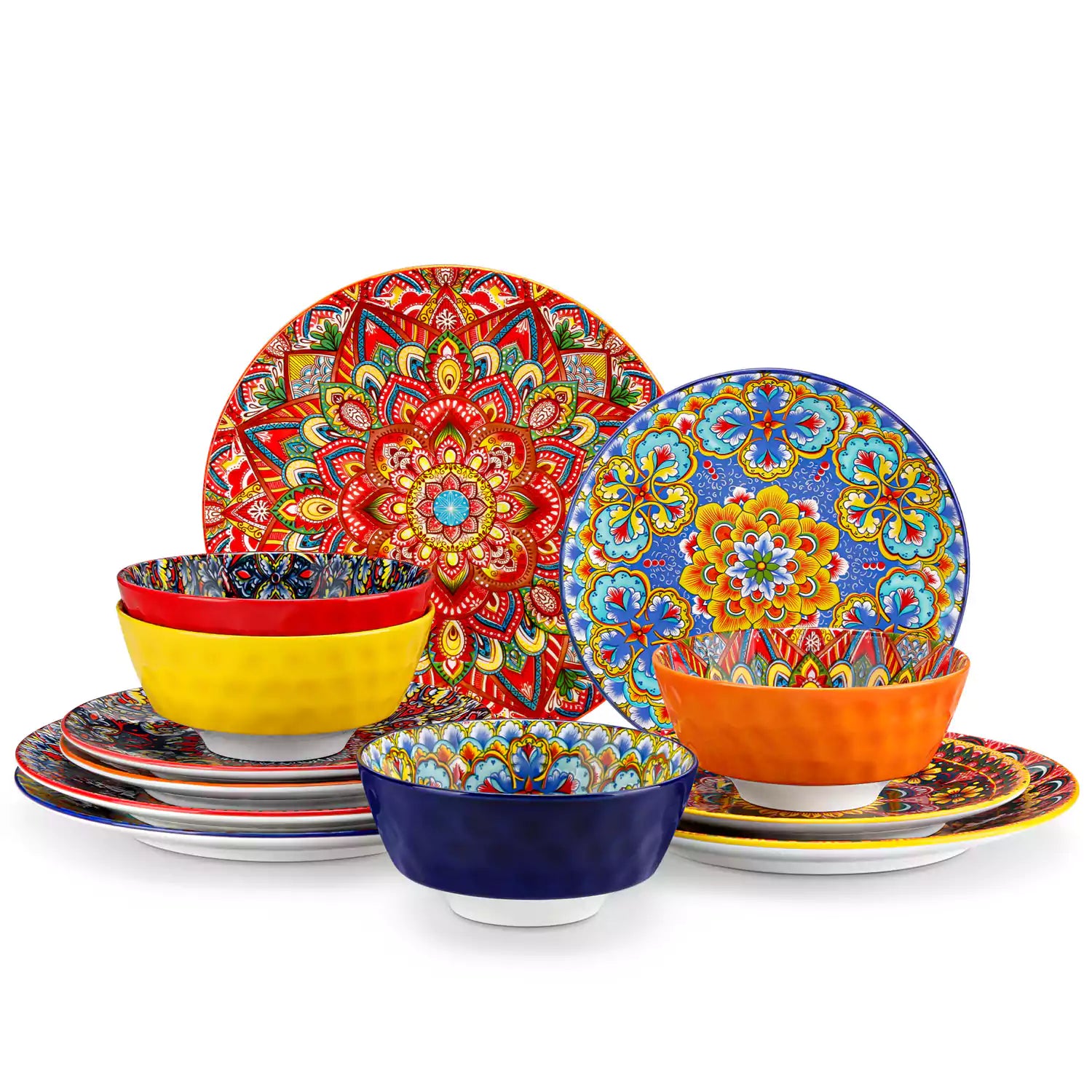 Bohemian Lumi 12 piece porcelain dinnerware set with vibrant patterned plates diamond embossed bowls served with steak eggs and fresh fruit on a wooden table