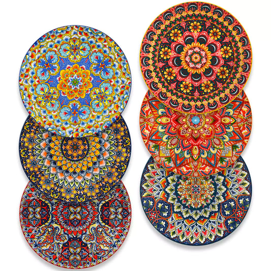 Lumi 6-piece 10.5'' Bohemian dinner plates with colorful mandala patterns on a white table with fruit and cutlery 1500