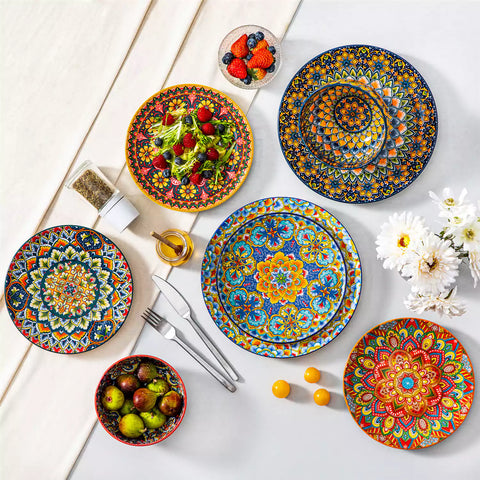 Lumi 6-piece 10.5'' Bohemian dinner plates with colorful mandala patterns on a white table with fruit and cutlery