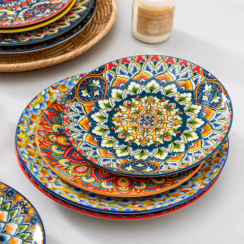 Lumi 8.5'' Bohemian salad plates set of 6 with vibrant patterns served with fresh food and cutlery on a bright table